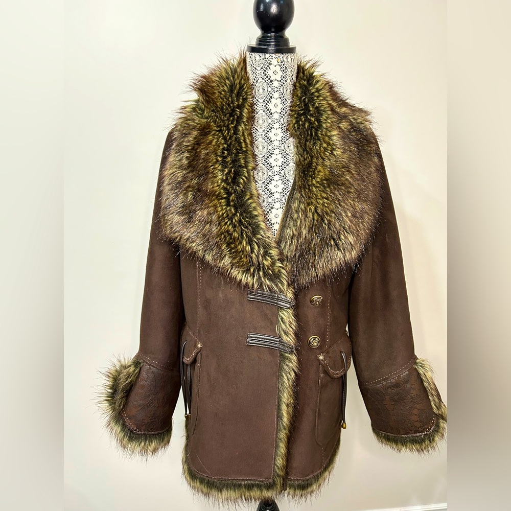 Brown Faux Fur Trim Pea Coat